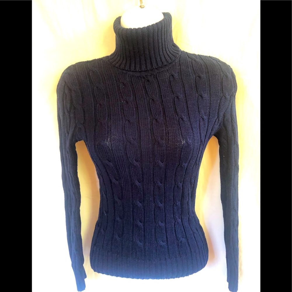 Navy blue cable knit turtle neck sweater